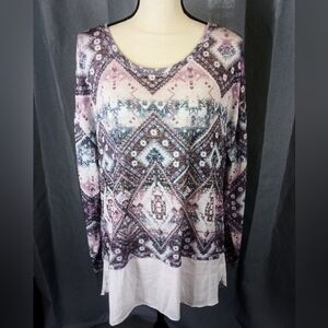 Kiara long sleeve top, pink, white, and blue geometric pattern, size XL